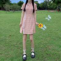 Women's Kawaii Cheong-sam Slim-cut Plaid Dresses-Kawaiifashion