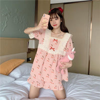Women's Kawaii Cherry Printed Lace Ruffles Pajamas One Set-Kawaiifashion