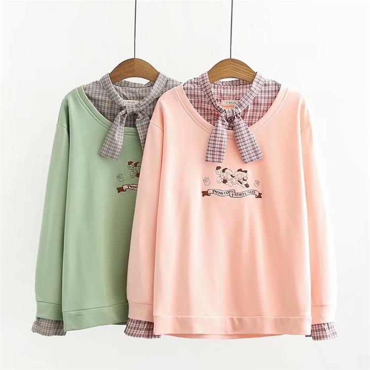 Kawaiifashion - Suéteres bordados para niños de Kawaii para mujer, camisas a cuadros con lazo de empalme