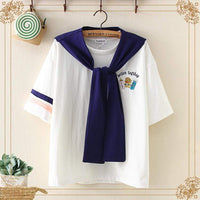 Kawaiifashion - Camisetas bordadas con cuello de marinero de color Kawaii de contraste para mujer