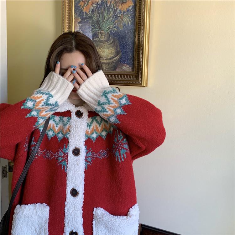 Cardigan Kawaiifashion Kawaii Constrast Color Snowflake da donna con due tasche simili a lana