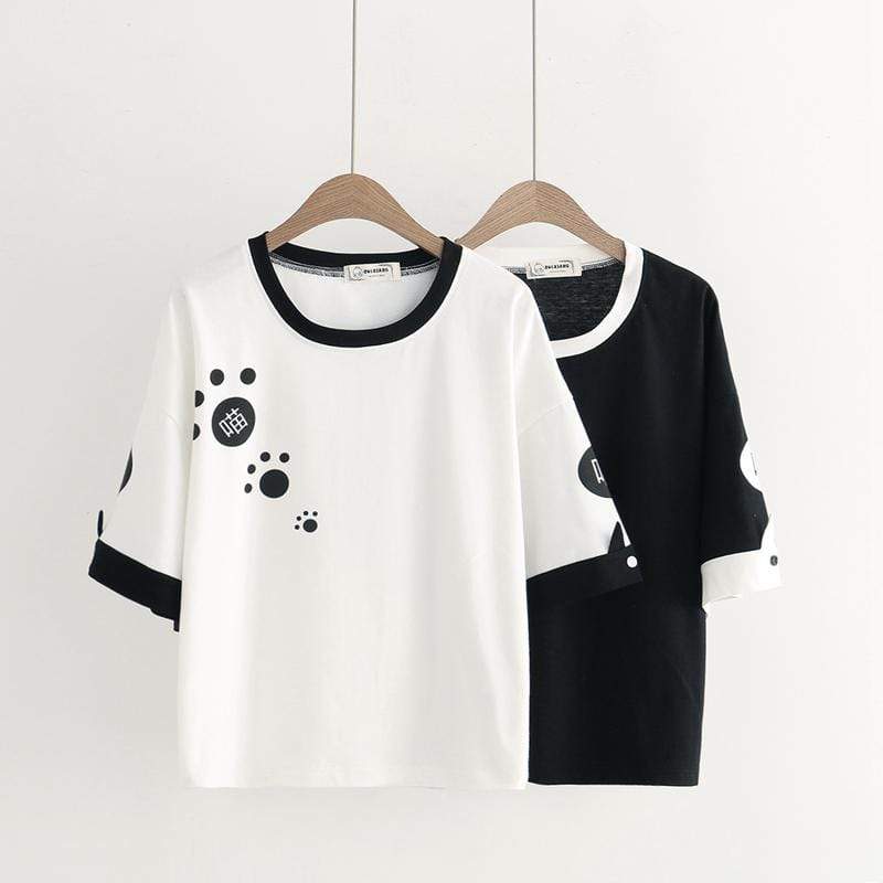 Kawaiifashion Damen-T-Shirts mit Kawaii-Kontrastfarbe und Katzenmuster und Ärmeln