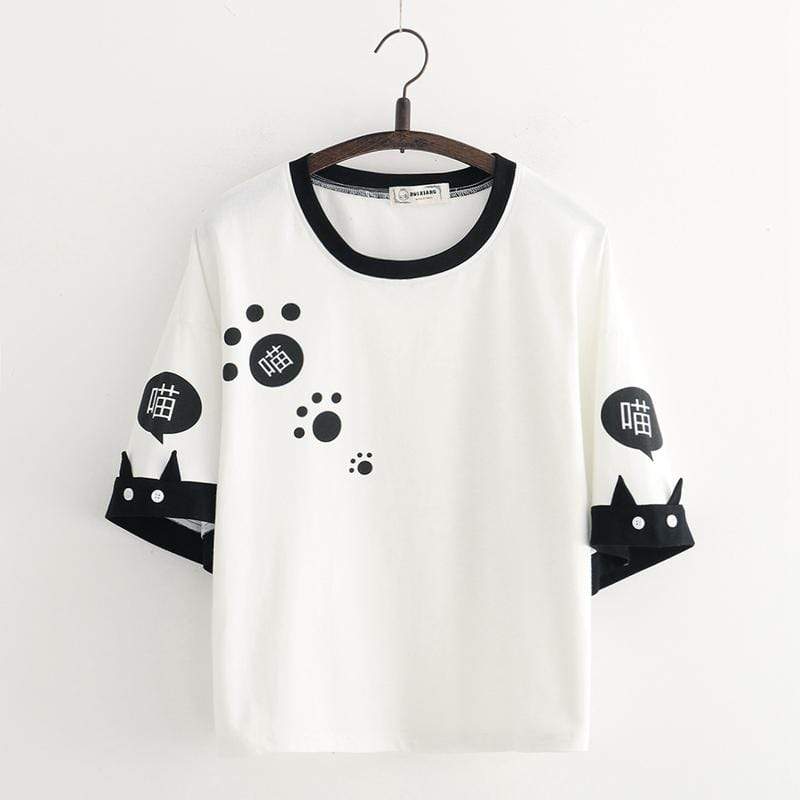 Kawaiifashion Camisetas de manga con estampado de gato de color en contraste Kawaii para mujer