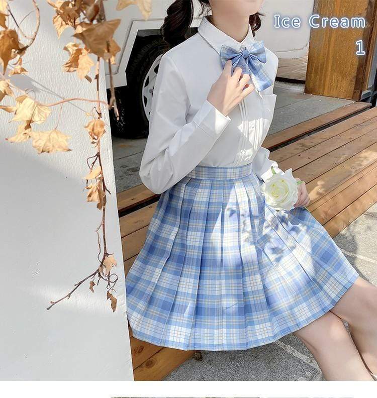 Kawaiifashion Women's Kawaii Contrast Color Plaid Pleated Skirts With Bowknot JK