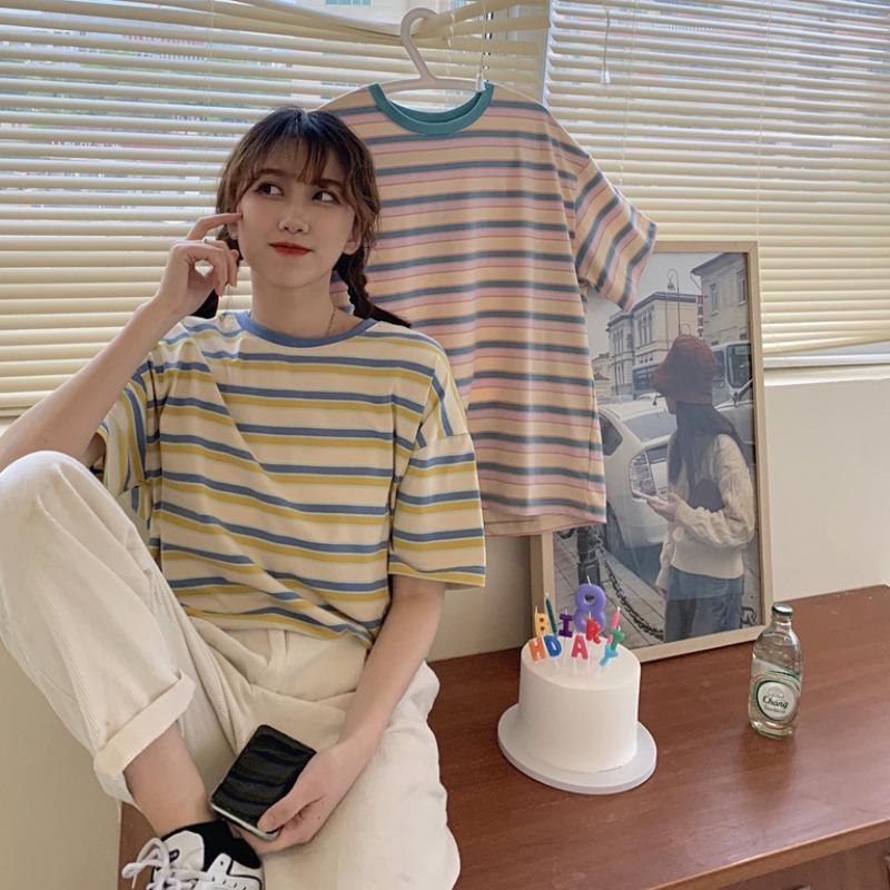 Women's Kawaii Contrast Color Striped T-shirts-Kawaiifashion