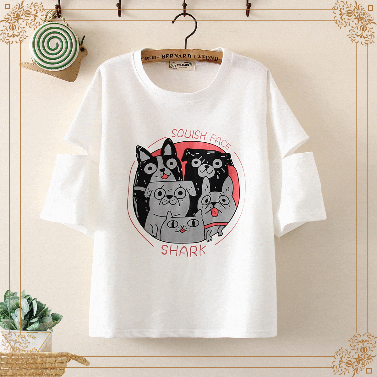 Kawaiifashion - Camisetas con mangas rasgadas con estampado de perros Kawaii para mujer
