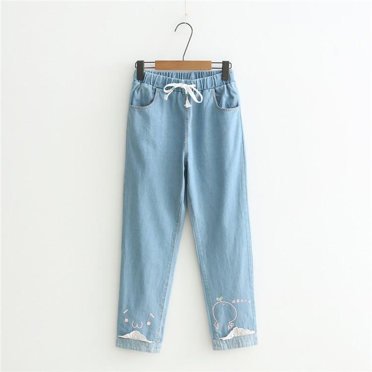 Kawaiifashion Jeans rectos con dobladillo de encaje estampado Kawaii Emjoi para mujer
