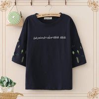 Kawaiifashion - Camisetas de manga tres cuartos bordadas en inglés Kawaii para mujer