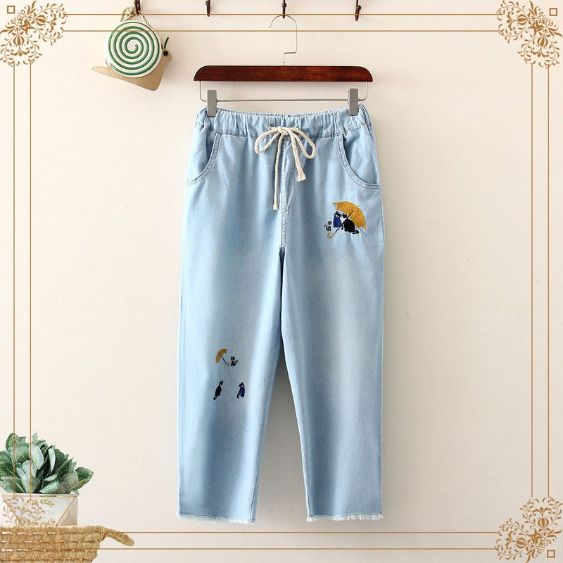 Women's Kawaii Little Cats Embroidered Jeans With Drawstring