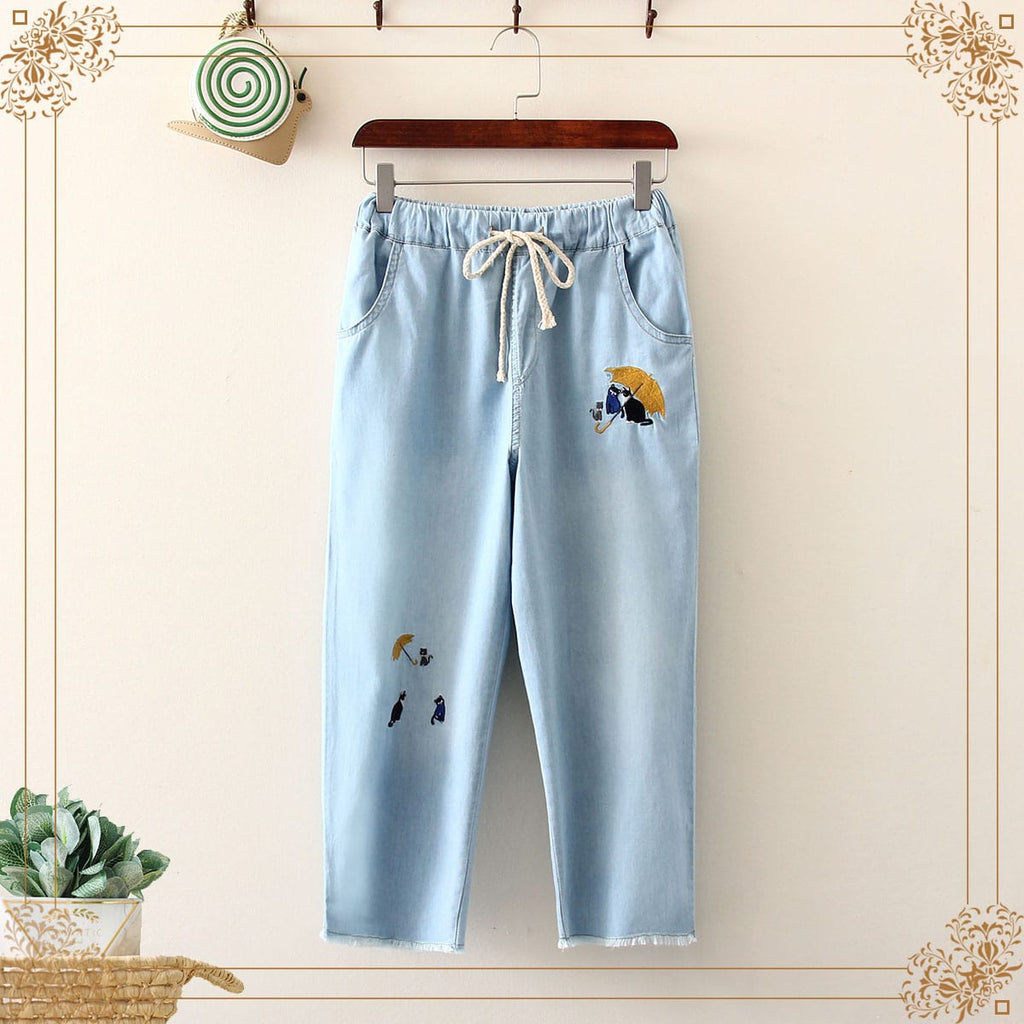 Women's Kawaii Little Cats Embroidered Jeans With Drawstring Elastic ...