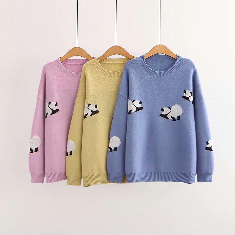 Kawaiifashion Suéteres sueltos de color puro con diseño de pandas Kawaii para mujer