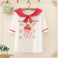 Kawaiifashion - Camisetas estampadas de fresa con cuello de marinero a cuadros Kawaii para mujer