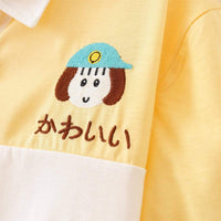 Kawaiifashion - Camisetas de color de contraste bordadas con cuello de polo Kawaii para mujer