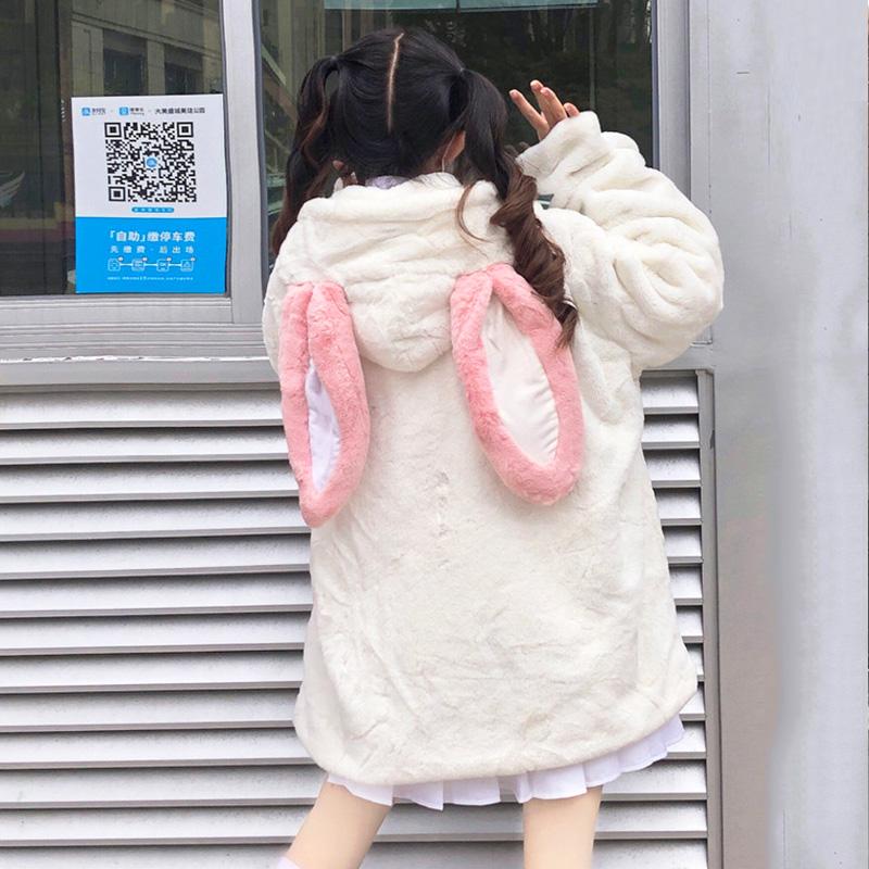 Kawaiifashion Manteaux en laine de couleur pure Kawaii pour femmes avec oreilles de lapin