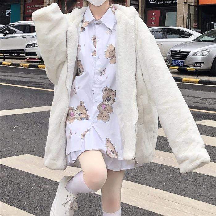 Kawaiifashion Women's Kawaii Pure Color Wool-like Coats With Bunny Ears