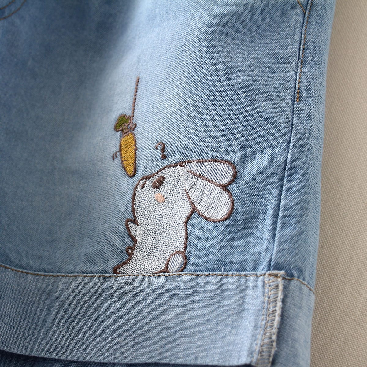 Kawaiifashion Women's Kawaii Rabbit Embroidered Elastic Short Jeans 
