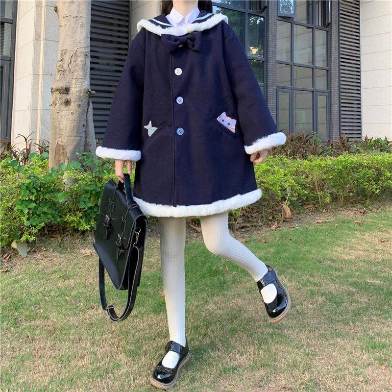 Kawaiifashion Manteaux d'hiver Kawaii Sailor Collar à boutonnage simple avec capuche d'oreille de lapin