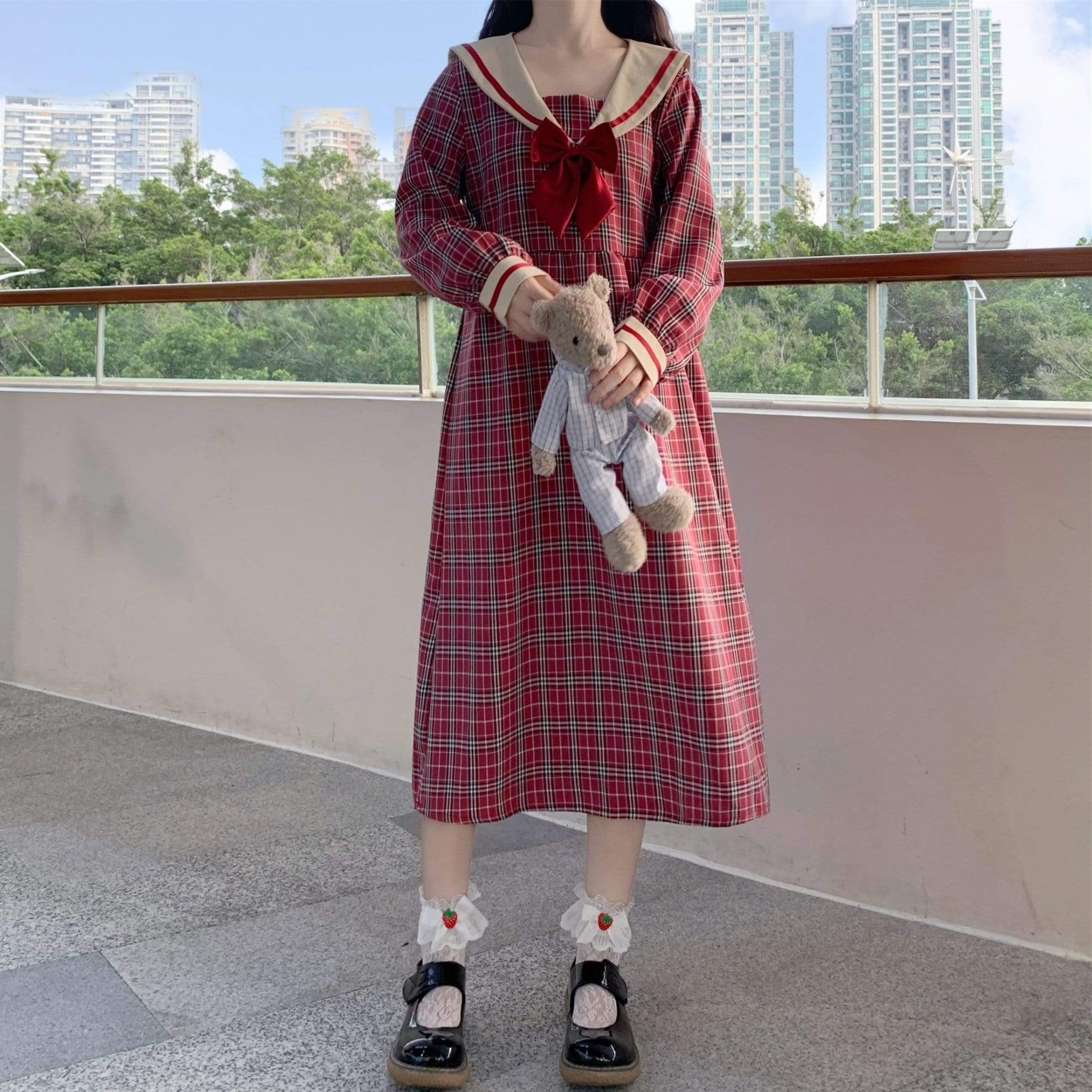 Women's Kawaii Sailor Collor Plaid High-waisted Dresses With Bowknot