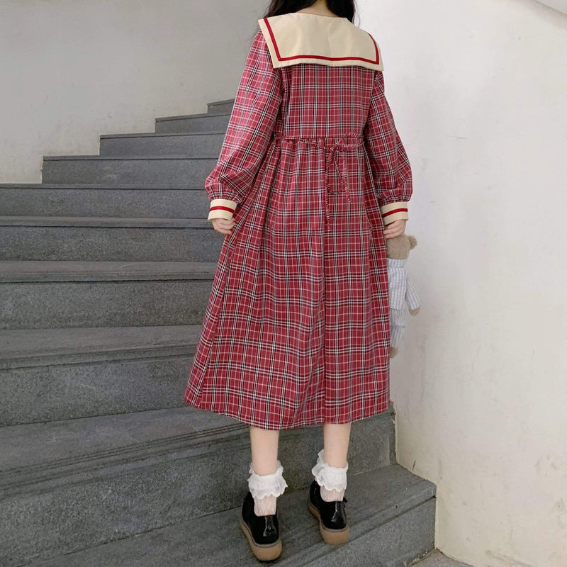 Women's Kawaii Sailor Collor Plaid High-waisted Dresses With Bowknot
