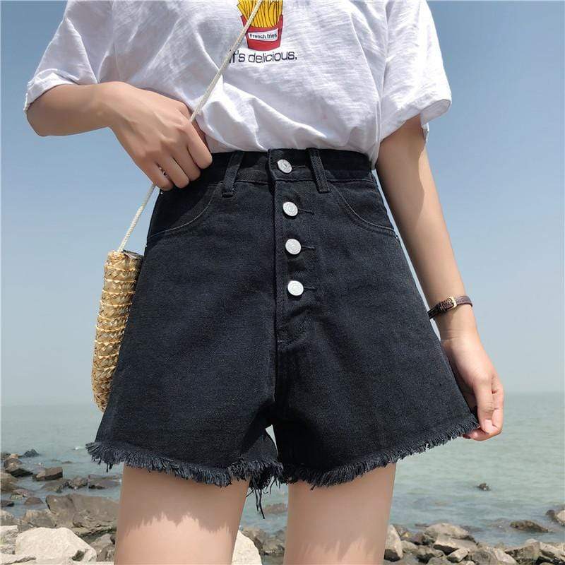 Einreihige schwarze Kawaii-Shorts für Damen – Kawaiifashion