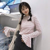 Women's Kawaii Toned Torn Sleeved Contrast Color Stripe Fitted Tees 