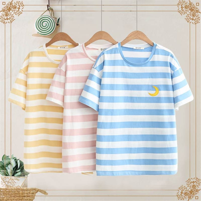 Kawaiifashion - Camisetas de color de contraste bordadas con clima Kawaii para mujer