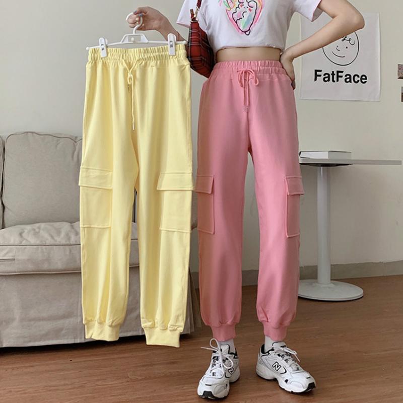 Pantalones coreanos Fanshion para mujer con dos bolsillos grandes-Kawaiifashion