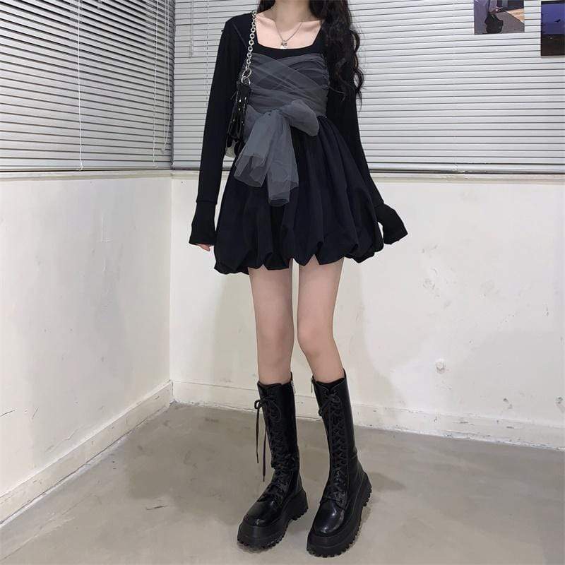 Kawaiifashion Women's Korean Fashion Black Dresses With Mesh Ruffles Slip Tops