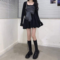Kawaiifashion, vestidos negros de moda coreana para mujer con volantes de malla, Tops deslizantes