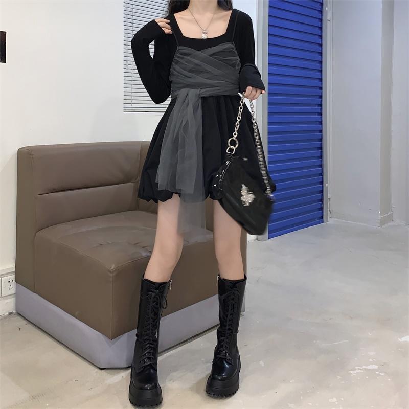 Kawaiifashion Women's Korean Fashion Black Dresses With Mesh Ruffles Slip Tops