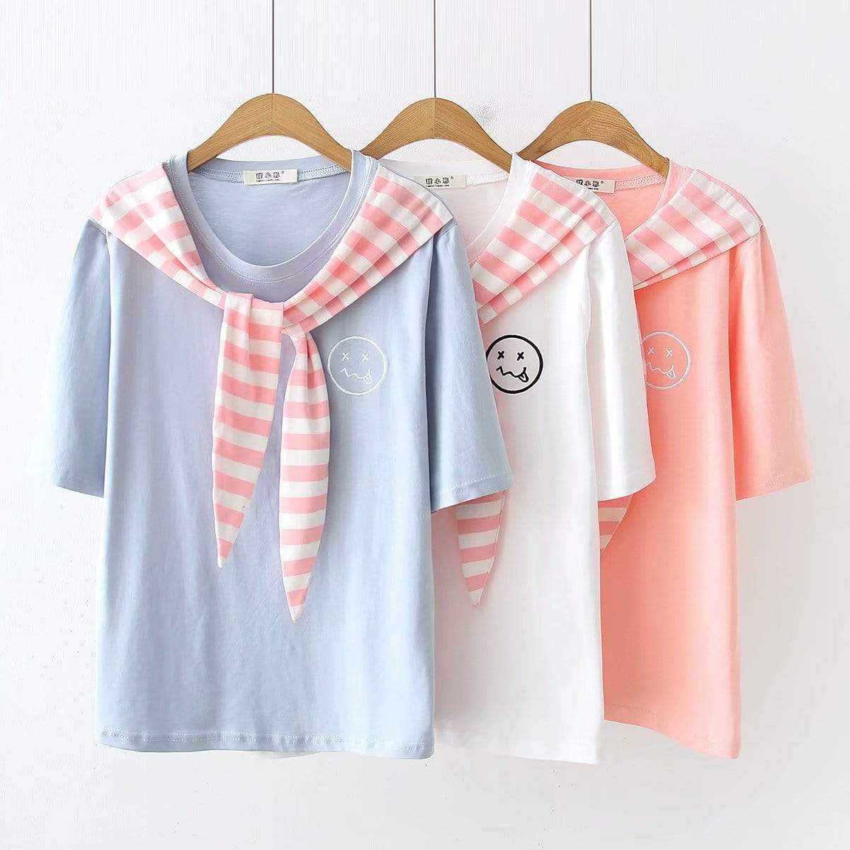 Kawaiifashion - Camisas con estampado de sonrisa de color contrastante de moda coreana para mujer