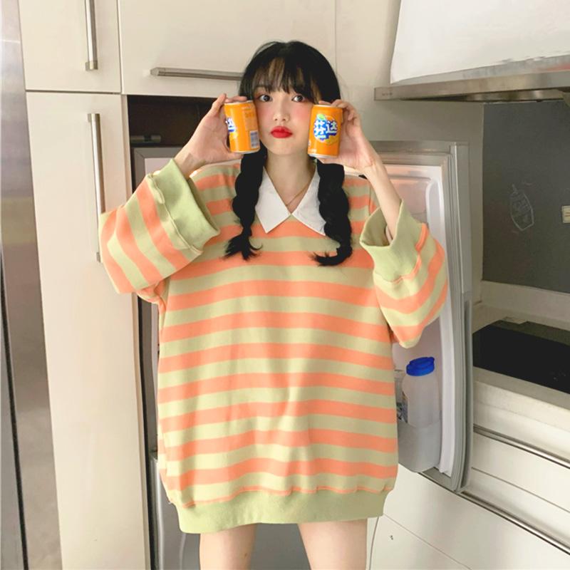 Women's Korean Fashion Constrast Color Stripe Loose Sweaters 