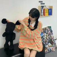 Women's Korean Fashion Constrast Color Stripe Loose Sweaters 