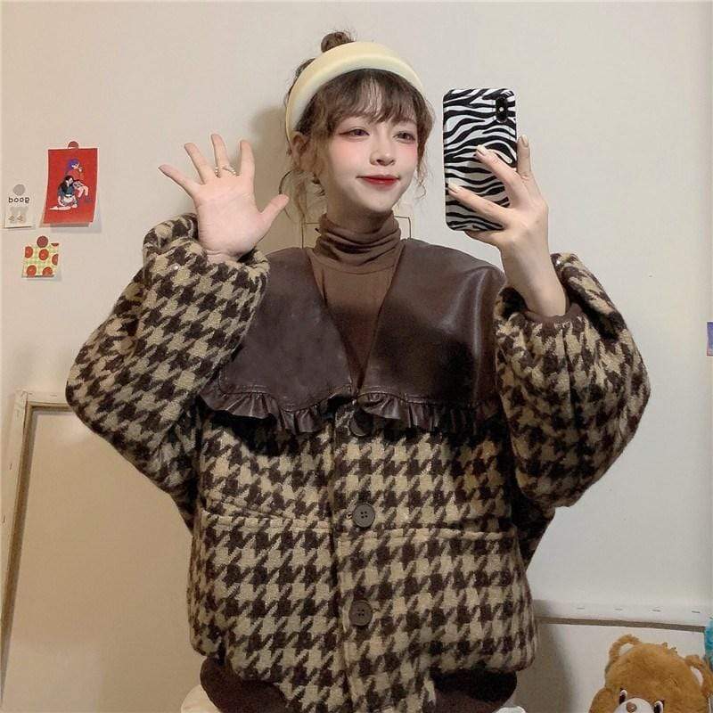 Kawaiifashion Abrigos de pata de gallo con solapa grande de color en contraste de moda coreana para mujer