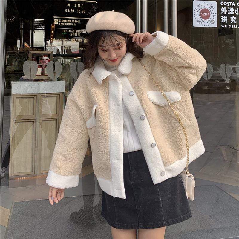 Kawaiifashion Women's Korean Fashion Contrast Color Large Lapel Winter Coats
