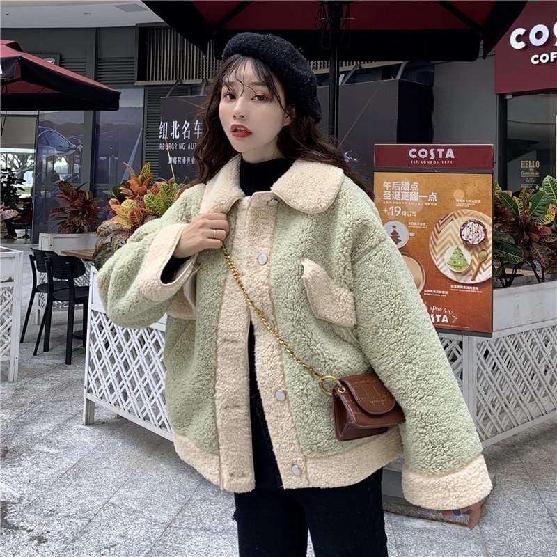 Kawaiifashion Women's Korean Fashion Contrast Color Large Lapel Winter Coats