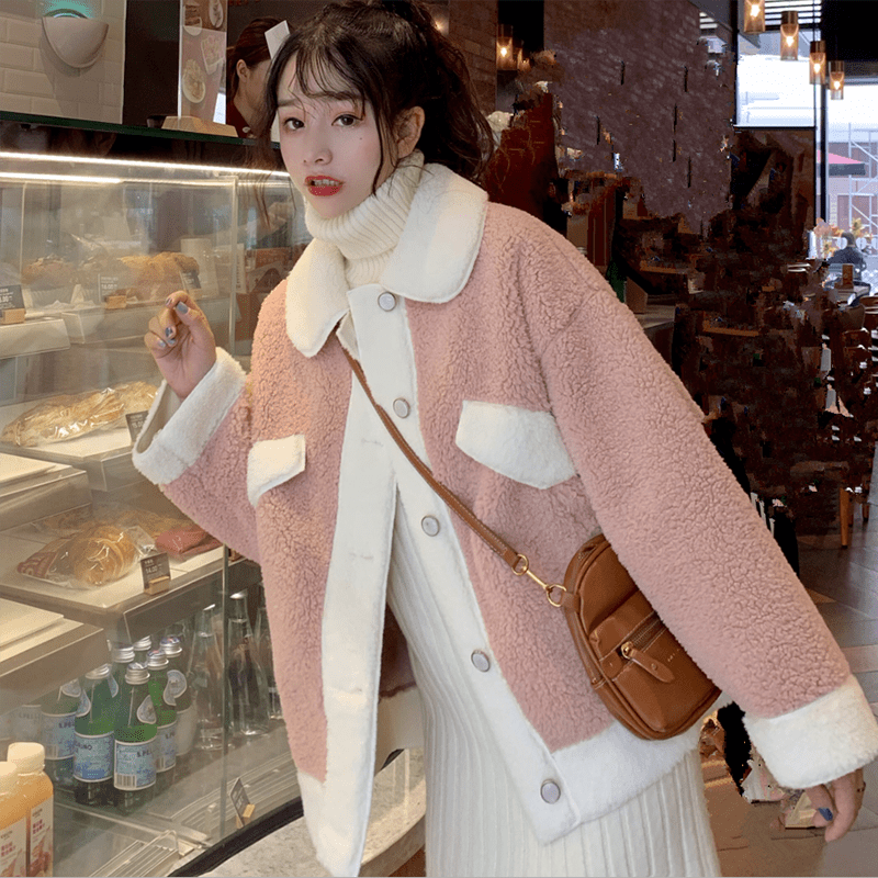 Kawaiifashion женские корейские модные зимние пальто контрастного цвета с большими лацканами