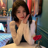 Kawaiifashion Women's Korean Fashion Contrast Color Sheer Sleeve Ruffles Tops