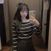 Модные женские корейские модные рваные футболки в контрастную полоску