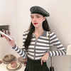 Women's Korean Fashion Contrast Color Stripe  Turn-down Collar Front Zip Cardigans