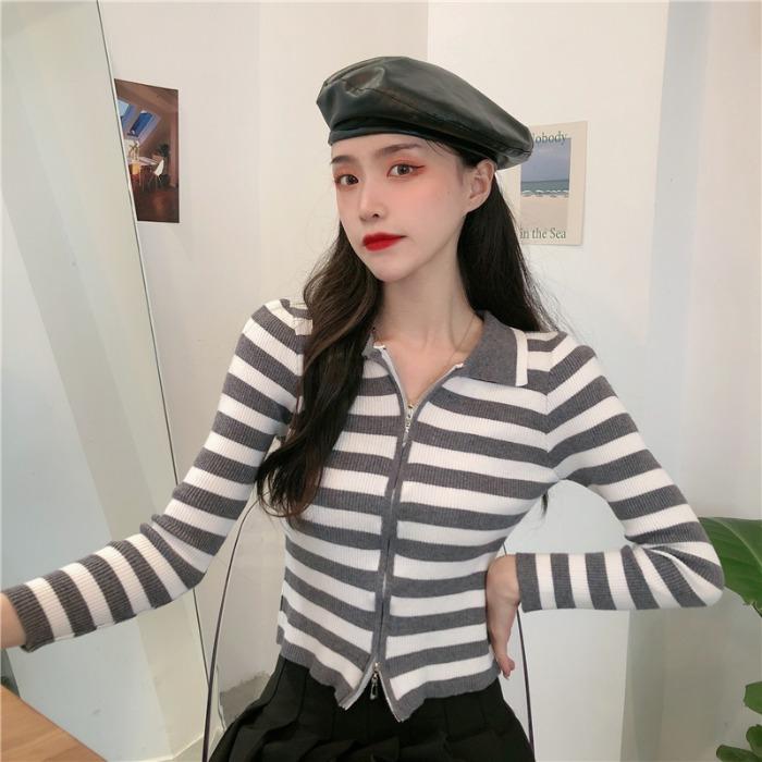 Women's Korean Fashion Contrast Color Stripe  Turn-down Collar Front Zip Cardigans