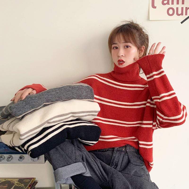 Kawaiifashion suéteres coreanos de cuello tánder a rayas de color en contraste para mujer