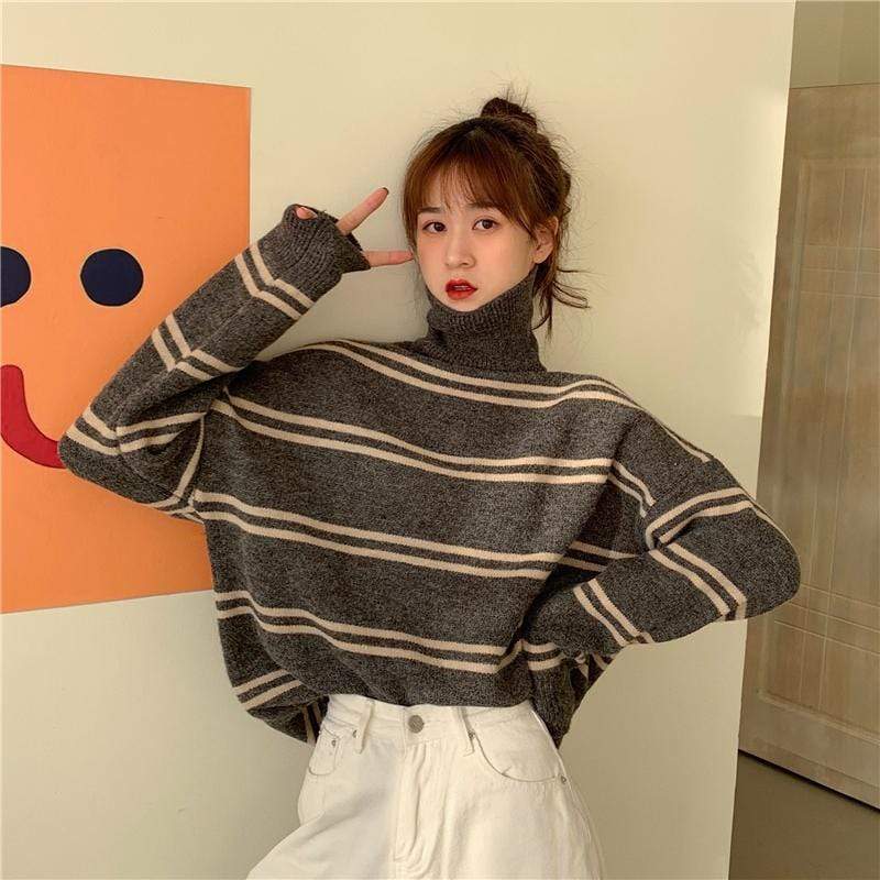 Kawaiifashion женские корейские модные контрастные цвета полосатые свитера с воротником-стойкой