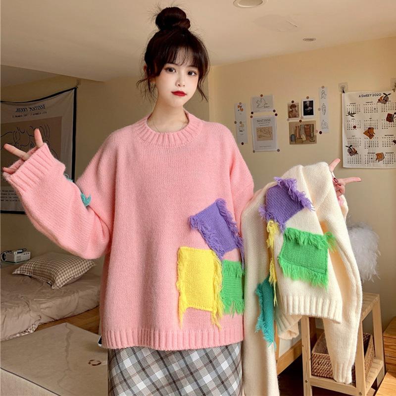 Suéteres de color de contraste de moda coreana de Kawaiifashion para mujer