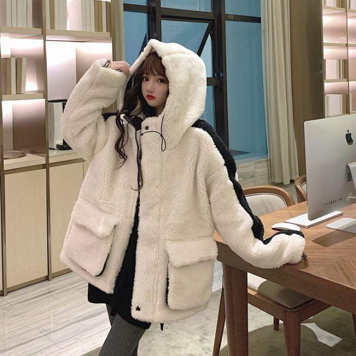 Женские корейские модные контрастные цвета шерстяные зимние пальто с капюшоном Kawaiifashion