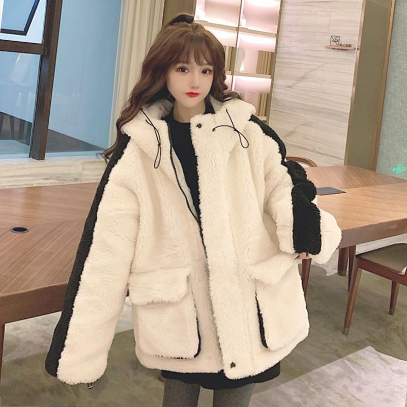 Женские корейские модные контрастные цвета шерстяные зимние пальто с капюшоном Kawaiifashion