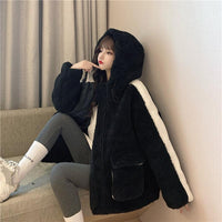 Kawaiifashion Women's Korean Fashion Contrast Color Wool-like Winter Coats With Hood
