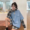 Women's Korean Fashion False Two-piece Loose Denim Shirts-Kawaiifashion
