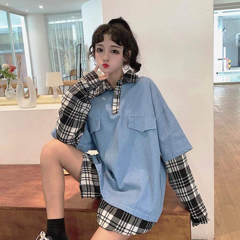 Mode coréenne des femmes faux chemises en denim lâche deux pièces-Kawaiifashion