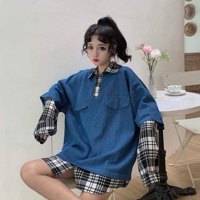 Women's Korean Fashion False Two-piece Loose Denim Shirts-Kawaiifashion